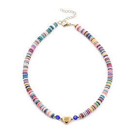 Handmade Polymer Clay Heishi Beaded Necklaces, with Evil Eye Lampwork Beads, Brass Round Beads, 304 Stainless Steel Heart Beads and Lobster Claw Clasps