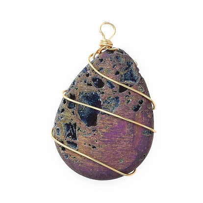 Pendentifs enveloppés de fil de cristal de quartz naturel galvanisé, Druzy cristaux géode, avec du fil de cuivre, avec sac de jute, larme