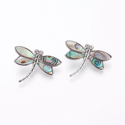 Abalone Shell/Paua Shell Pendants, with Platinum Tone Brass Findings and Rhinestone, Dragonfly
