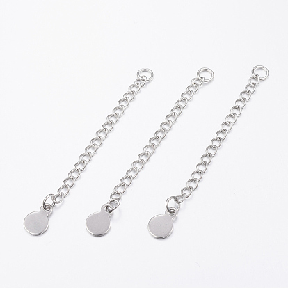 304 Stainless Steel Chain Extender, Curb Chains, with Flat Round Charms