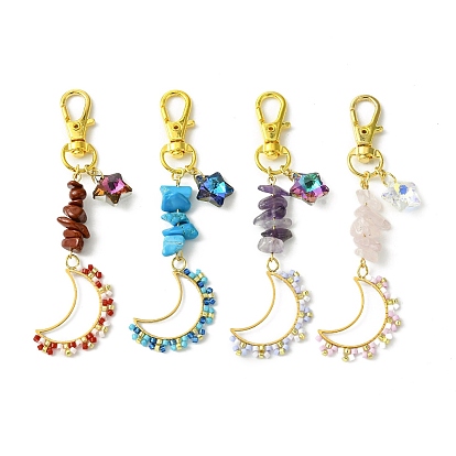 Moon Glass Seed Pendant Decorations, Natural & Synthetic Gemstone Chip Beads & Star Glass Charms for Bag Key Chain Ornaments