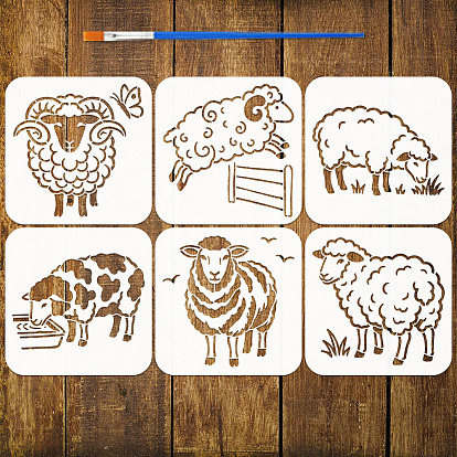 6 piezas 6 estilos animal tema mascota ahueca hacia fuera dibujo pintura plantillas, para el libro de recuerdos de bricolaje, album de fotos, patrón de cerdo y vaca y caballo y gallo y oveja