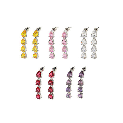 Rack Plating Platinum Tone Brass Cubic Zirconia Studs Earrings for Women, Teardrop