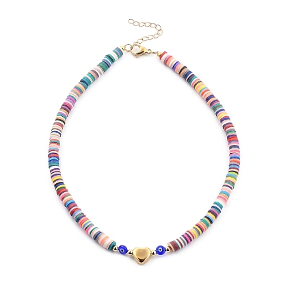 Handmade Polymer Clay Heishi Beaded Necklaces, with Evil Eye Lampwork Beads, Brass Round Beads, 304 Stainless Steel Heart Beads and Lobster Claw Clasps