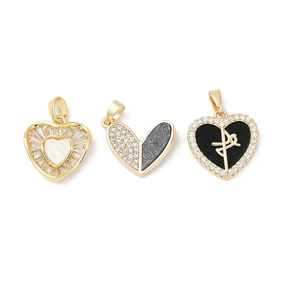 Латунные микропаве прозрачные подвески с фианитом, сердце, cmолой, стойки покрытие, долговечный, без свинца и без кадмия, реальный 18 k позолоченный