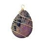 Electroplated Natural Quartz Crystal Wire Wrapped Pendants, Druzy Geode Crystals, with Copper Wire, with Burlap Bag, Teardrop