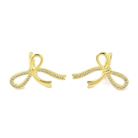 Left and Right Bowknot Brass Cuff Earrings, with Clear Cubic Zirconia for Women