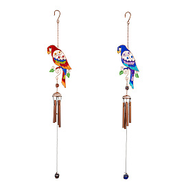 Parrot Glass Hanging Ornaments, Aluminum Tube Tassel Wind Chime for Home Outdoor Decoration