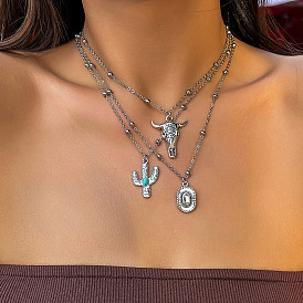 3 шт. 3 стили ретро сплав синтетическая бирюза коровья голова/кактус/овальный кулон спутниковая цепь ожерелье комплекты для женщин