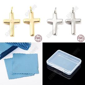 4Pcs 2 Colors Rhodium Plated 925 Sterling Silver Charms, with Jump Rings and Suede Fabric Square Silver Polishing Cloth, Cross, with S925 Stamp