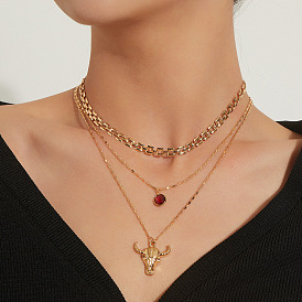 Fashionable Double-layered Bull Head Women's Necklace with Personality and Ruby Charm