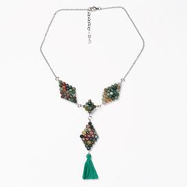Tassel Pendant Necklaces, Natural Gemstone with Stainless Steel Chains and Packing Boxes, Rhombus
