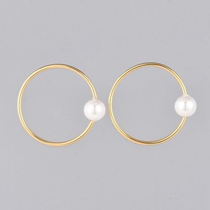Stud Earring, with Plastic Imitation Pearl Beads and Brass Stud Earring Findings, Ring