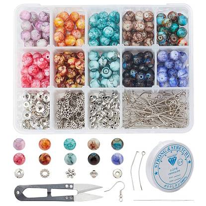 DIY Earring & Bracelets Making Kits, Including Baking Paint Glass Beads, Brass Earring Hooks, Brass & Alloy Spacer Beads, Elastic Crystal Thread, Steel Scissors and Iron Beading Needles