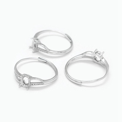 Adjustable 925 Sterling Silver Finger Ring Components, with Cubic Zirconia, Oval