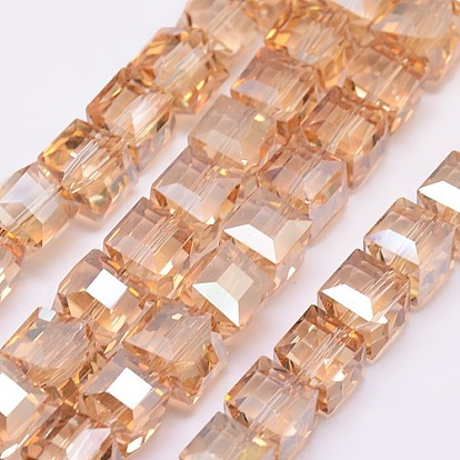 Pearl Luster Plated Crystal Glass Beads Strands, Faceted, Cube, 10x10x10mm, Hole: 1mm, about 79pcs/strand, 30.7 inch