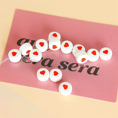 Handmade Porcelain Beads, for DIY Accessories, Flat Round with Heart