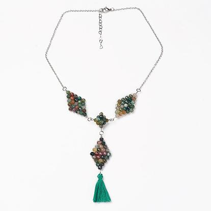 Tassel Pendant Necklaces, Natural Gemstone with Stainless Steel Chains and Packing Boxes, Rhombus
