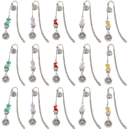 15 шт. 5 стили закладки из сплава в тибетском стиле, с натуральным розовым кварцем, зеленым авантюрином, южным красным агатом и топазом из нефрита, подсолнух и бабочка