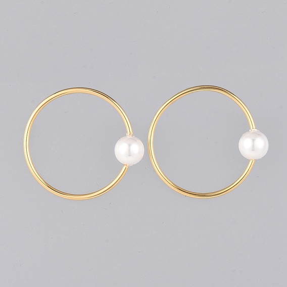 Stud Earring, with Plastic Imitation Pearl Beads and Brass Stud Earring Findings, Ring