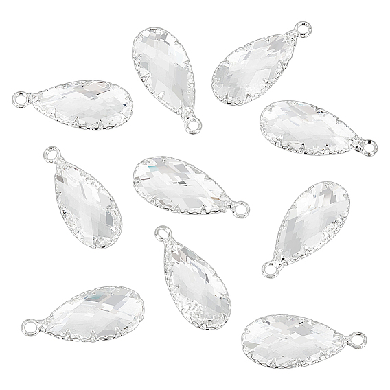10Pcs Brass Clear Glass Pendants, Faceted, Teardrop