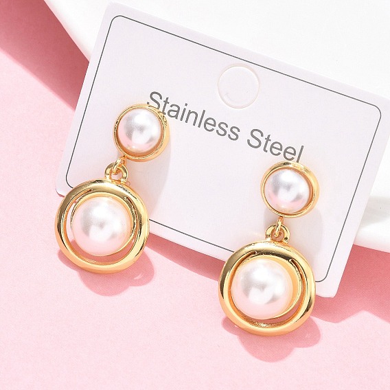 Плоские круглые 304 из нержавеющей стали болтаться серьги-гвоздики, с абс пластмассовой имитационной жемчужиной, ионное покрытие (ip)