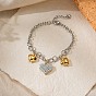 Duo Tone 304 Stainless Steel Crystal Rhinestone Triple Heart Charm Bracelets for Women