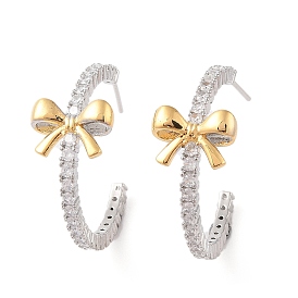 Rack Plating Brass with Cubic Zirconia Stud Earrings for Women, Cadmium Free & Lead Free, Long-Lasting Plated, Bowknot