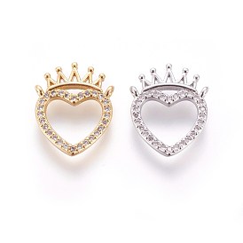 Brass Micro Pave Cubic Zirconia Pendants, Heart with Crown