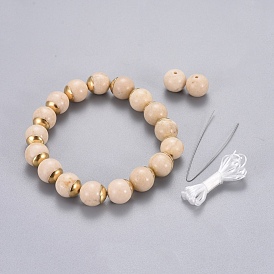 Natural Fossil Beads Stretch Bracelets, with 304 Stainless Steel Bead Caps, Packing Box