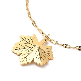 Ion Plating(IP) 304 Stainless Steel Maple Leaf Pendant Necklace with Dapped Chains for Women