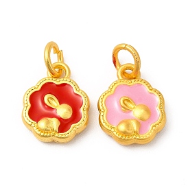 Rack Plating Alloy Enamel Pendants with Jump Ring, Flower with Rabbit Charms, Matte Gold Color