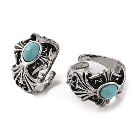 Oval Synthetic Turquoise Cuff Rings, Cross Alloy Wide Open Rings for Women, Cadmium Free & Lead Free