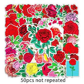50Pcs 50 Styles Rose Pattern Waterproof PVC Plastic Scrapbook Stickers, Self Adhesive Picture Stickers