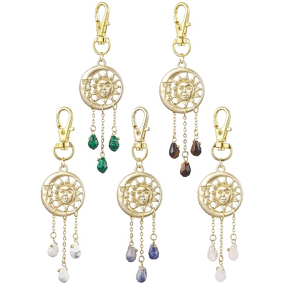 Alloy Moon & Sun Pendant Decorations, Teardrop Natural & Synthetic Gemstone Charms for Bag, Keychain Ornaments
