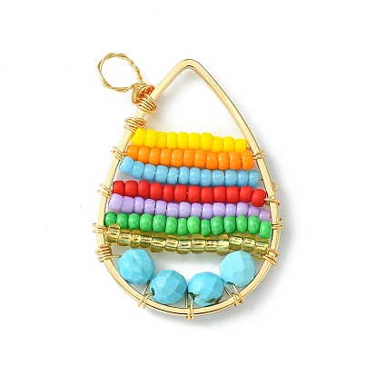 Dyed Natural Magnesite & Glass Seed Beaded Pendants, Teardrop Charms
