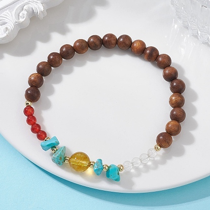 Эластичные браслеты для женщин из дерева, натурального кварцевого кристалла, карнеола и синтетической бирюзы., круглые