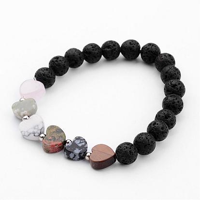 Эластичные браслеты из бусин из натуральной лавы, с сердцем драгоценный камень бисер, железо разделительные бисер и эластичная нить кристалл