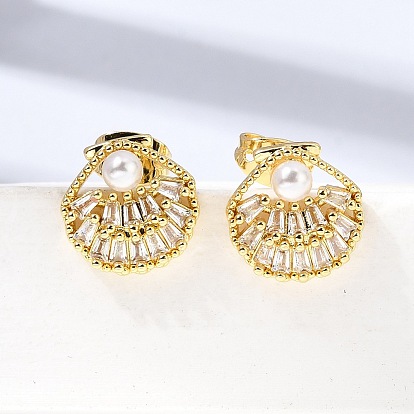 Серьги-гвоздики из латунного микро-паве, формы раковины, с абс пластмассовой имитационной жемчужиной, стойки покрытие, долговечный, без кадмия и без свинца