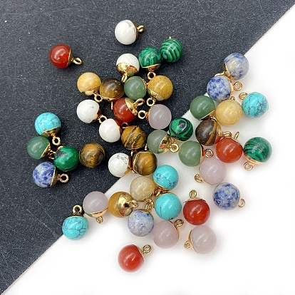 Gemstone Round Charms with Golden Plated Metal Findings
