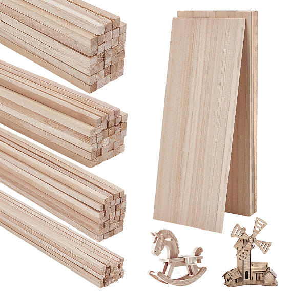 160 pièces 4 styles bâtonnets de bois carrés pour loisirs créatifs, avec 10 pièces de feuilles de bois artisanales, rectangle