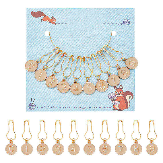 10 шт. 10 маркеры для подвесных стежков с номером из сплава эмали, подвески крючком, с железом брошь выводы, плоско-круглые