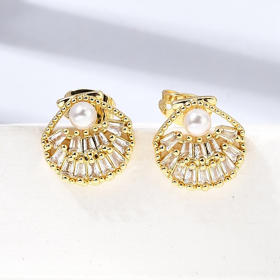 Серьги-гвоздики из латунного микро-паве, формы раковины, с абс пластмассовой имитационной жемчужиной, стойки покрытие, долговечный, без кадмия и без свинца