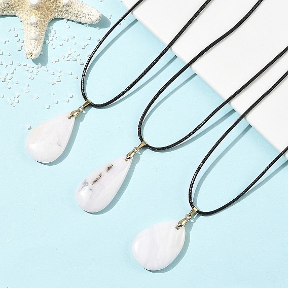 Natural Pink Opal Teardrop Pendant  Black Waxed Cord Necklaces for Women, Golden