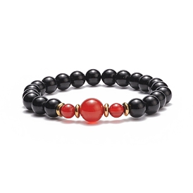 Natural Red Agate Carnelian(Dyed & Heated) & Black Onyx Round Beaded Stretch Bracelet, Gemstone Jewelry for Women