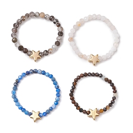 Round Natural Tiger Eye & Black Rutilated Quartz & Lapis Lazuli & Pink Opal Beads Stretch Rings, with Brass Star Beads