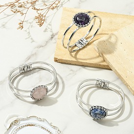 Natural Mixed Stone Flat Round Brass Hinged Cuff Bangles, Platinum