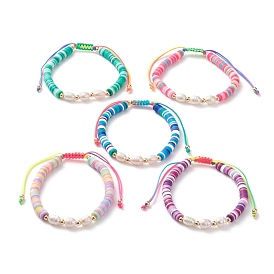 Adjustable Nylon Thread Braided Bead Bracelets, with Polymer Clay Heishi Beads, Natural Pearl Beads and Brass Round Beads, Golden