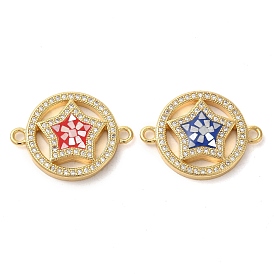 Rack Plating Brass Micro Pave Clear Cubic Zirconia Ring with Star Links Connector Charms, with Enamel & Shell, Real 18K Gold Plated, Long-Lasting Plated, Lead Free & Cadmium Free