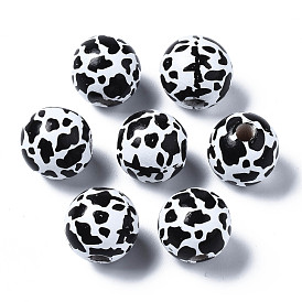 Painted Natural Wood European Beads, Large Hole Beads, Printed, Round with Leopard Print